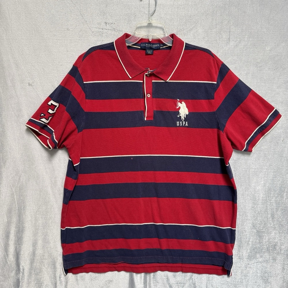 Vintage Y2K US Polo Assassin Short Sleeve Big Patch Number 3 XL Red Blue Stripes